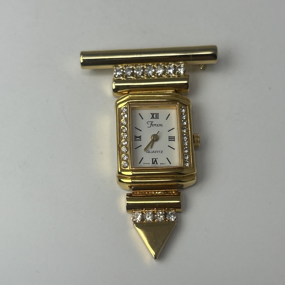 Vintage Forem Gold Tone Brooch Lapel Watch Rhinestone Quartz Art Deco Pendant